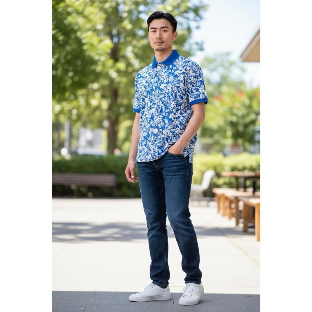 Club Room Mens Short Sleeve Polo Shirt Large Blue & White Floral